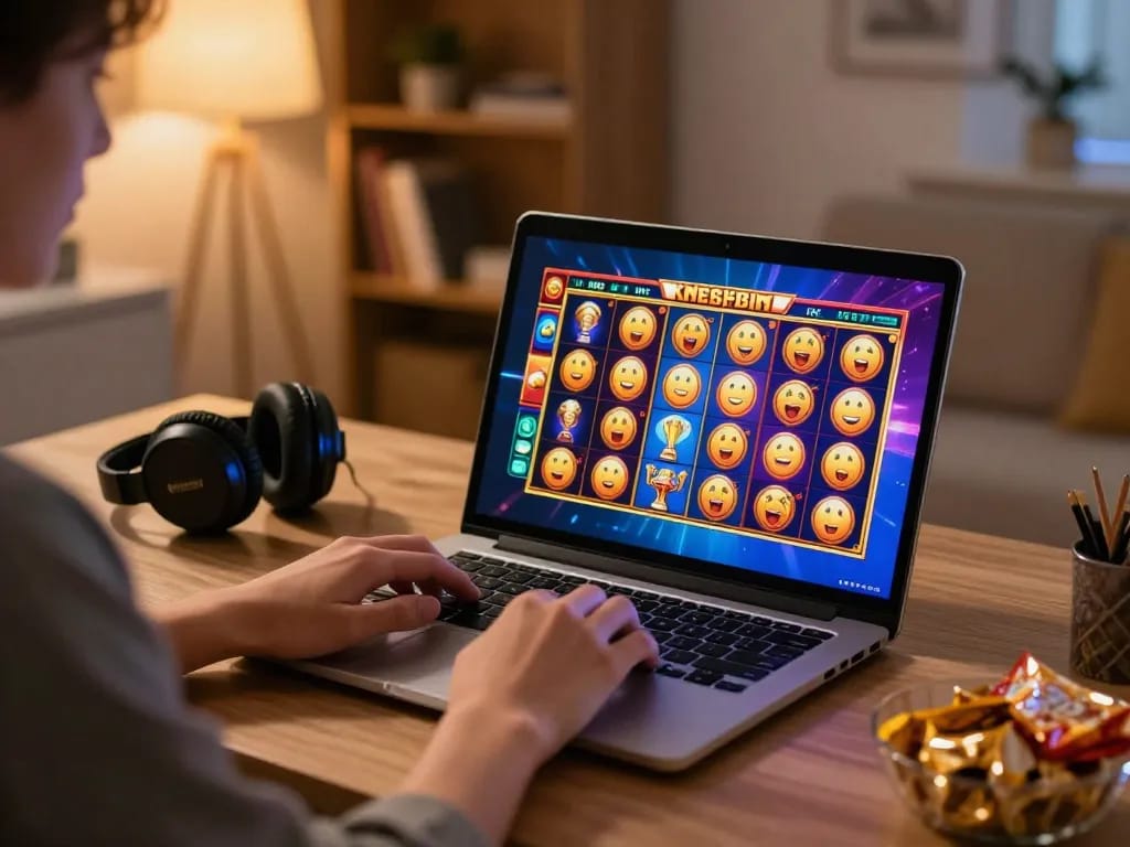 Winning action on va88 online slots displayed on a laptop screen in a cozy gaming setup.