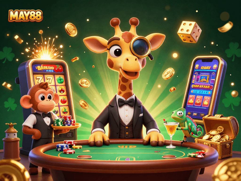 MAY88 immerses players in vibrant casino excitement with animated characters and a jackpot scene.