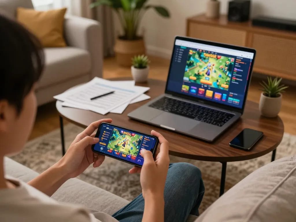 Nổ hũ gaming on smartphone with strategy notes in cozy living room environment