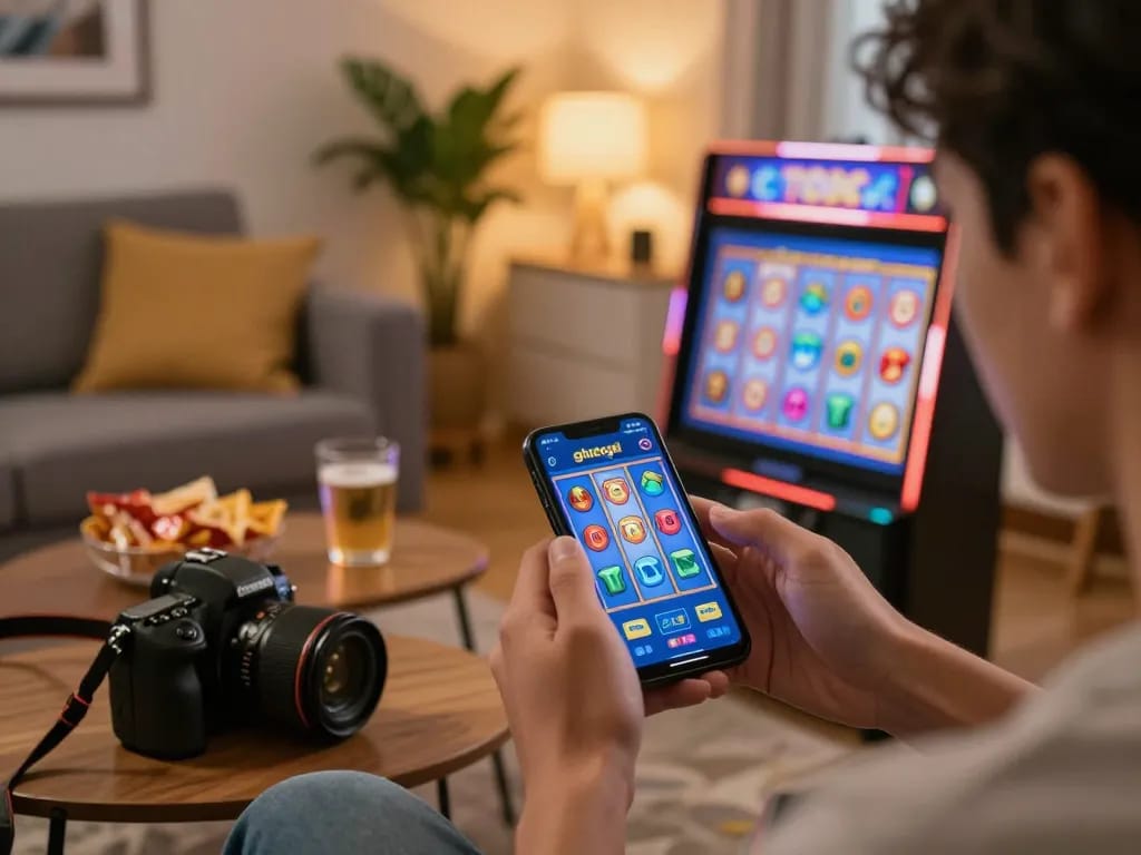 Player enjoying gtatogel mobile app on smartphone with vibrant slot game in cozy living room setting.