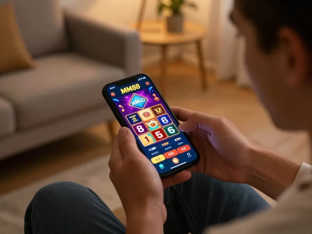 MM88 app interface on smartphone with engaging gameplay displayed in a cozy home setting.