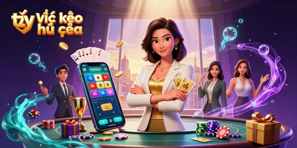 Engage with tỷ lệ kèo nhà cái as a powerful businesswoman evaluates sports betting odds while surrounded by dynamic gaming elements.