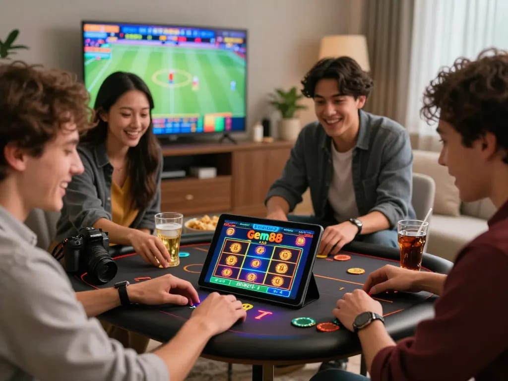 A group enjoying a lively gem88 online gambling experience in a cozy living room with vibrant colors and excitement.