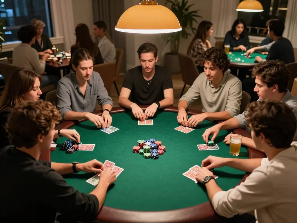 NK88 poker night scene with players enjoying a friendly home game, vibrant atmosphere