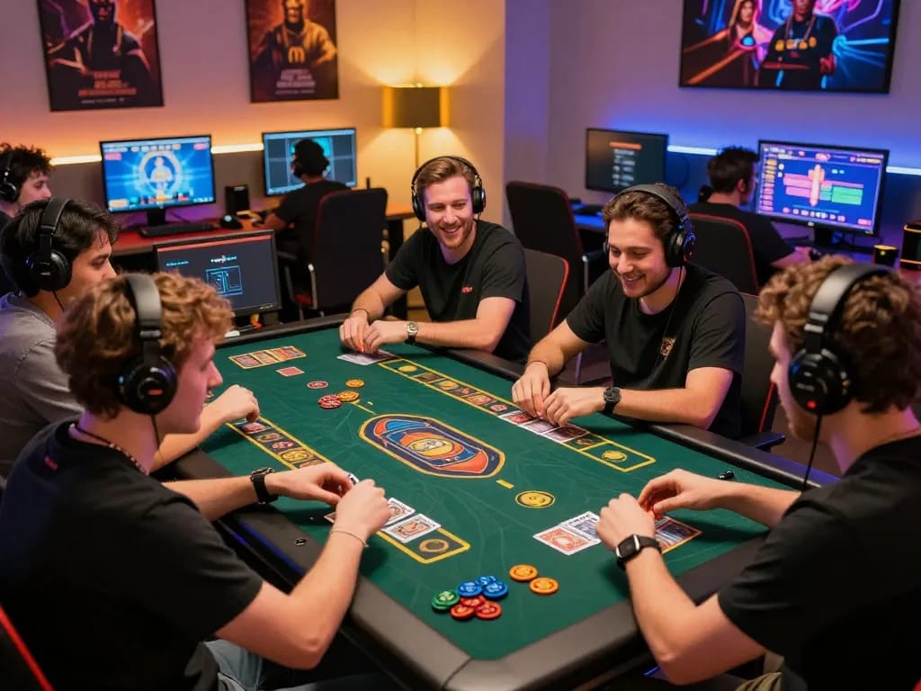 sun win players engaging in vibrant online gaming experience at a modern table, showcasing excitement and camaraderie.