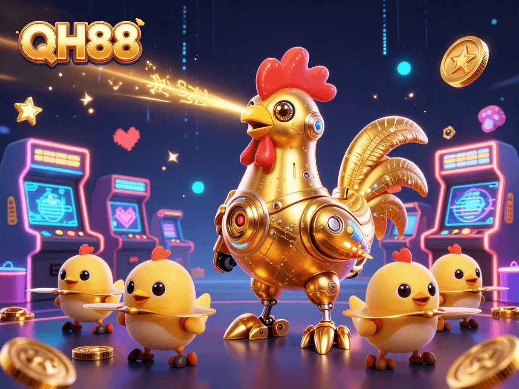 QH88 features a golden rooster robot surrounded by vibrant gaming elements in a cosmic setting.