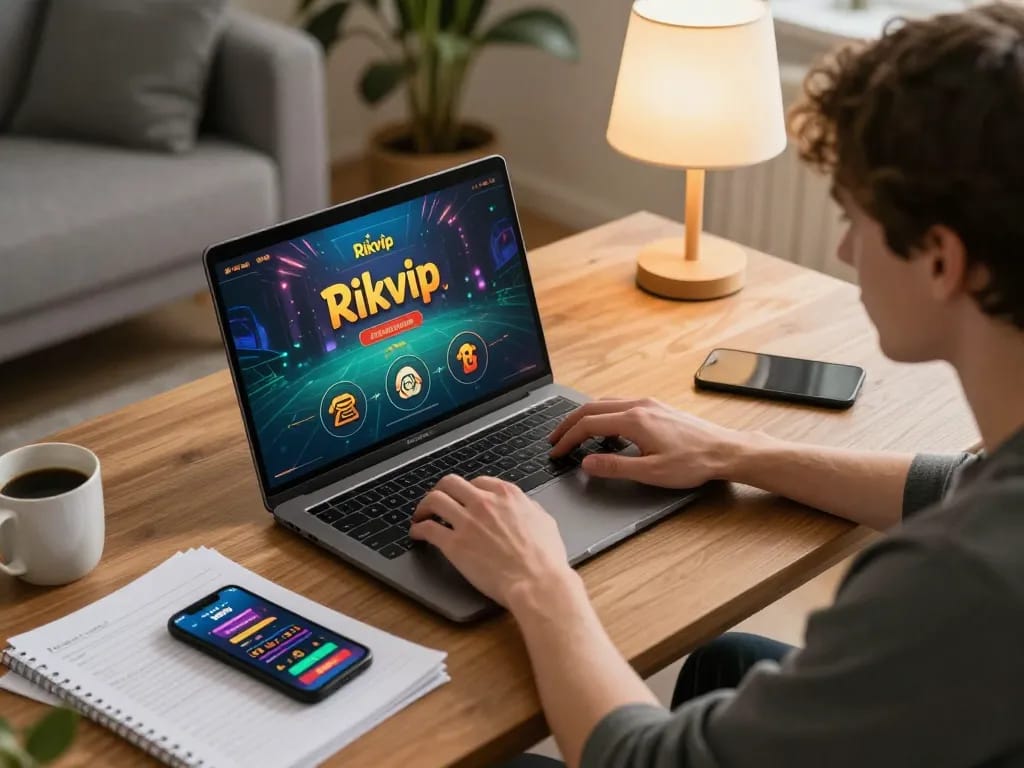 Player engaging with Rikvip casino on laptop at home, surrounded by gaming notes and smartphone