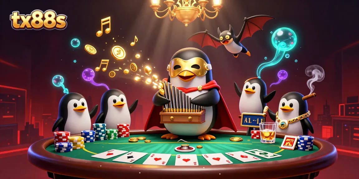 Experience gaming excitement with tx88s; a cartoon penguin plays the organ amidst poker chips and golden coins.