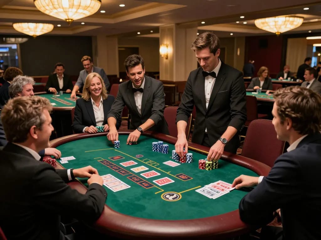 Players enjoying blackjack at a stylish casino, showcasing the engaging atmosphere of new88.