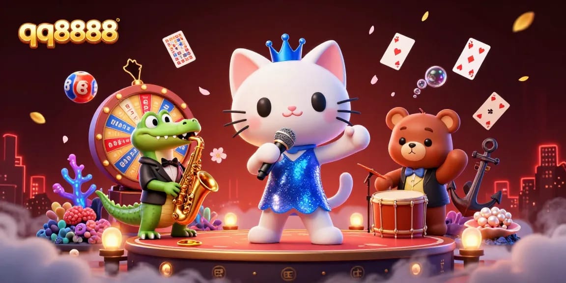 Experience engaging lottery thrills with qq8888 in this vibrant 3D illustration featuring lively characters.