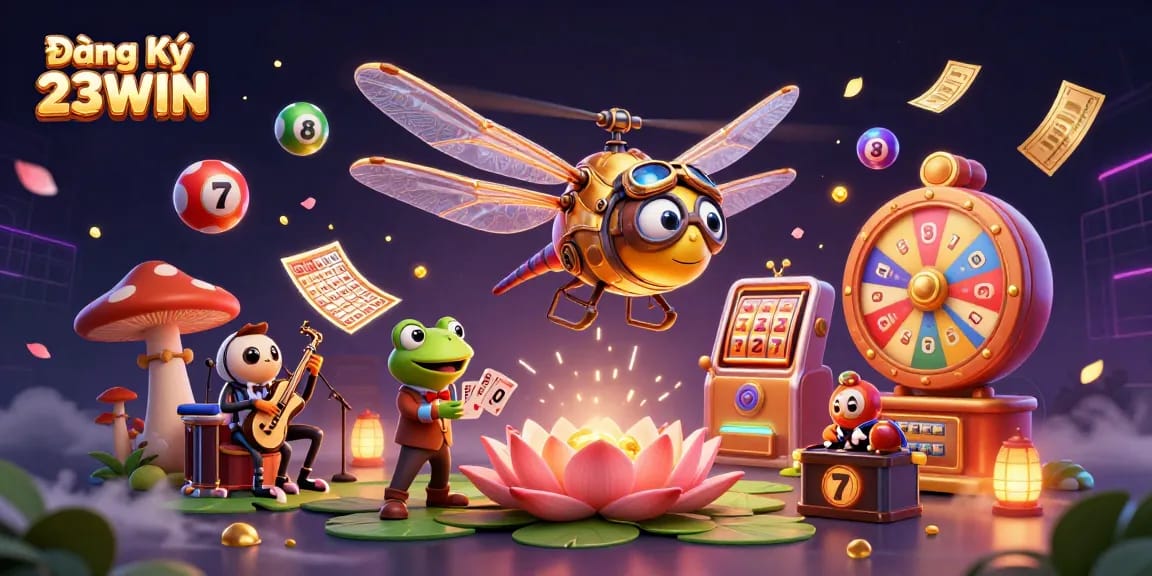 Experience exciting gameplay with Đăng Ký 23WIN showcasing vibrant casino elements and fun characters.