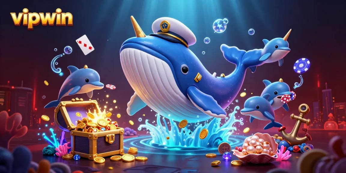 Experience thrilling action at vipwin with a gigantic whale breaching through coins and playful dolphins.