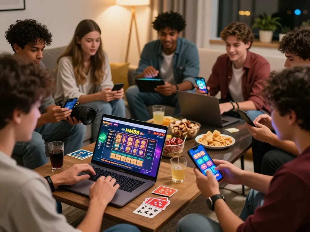 Group of friends enjoying HM88 online gambling games on modern devices in a vibrant living room.