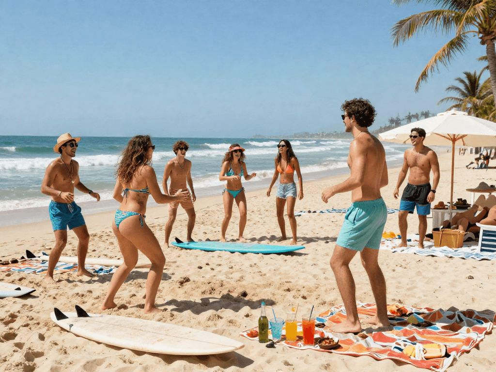 Energetic group at the seaside with BIKINISLOT style swimwear, laughter, and beach games under bright sun.