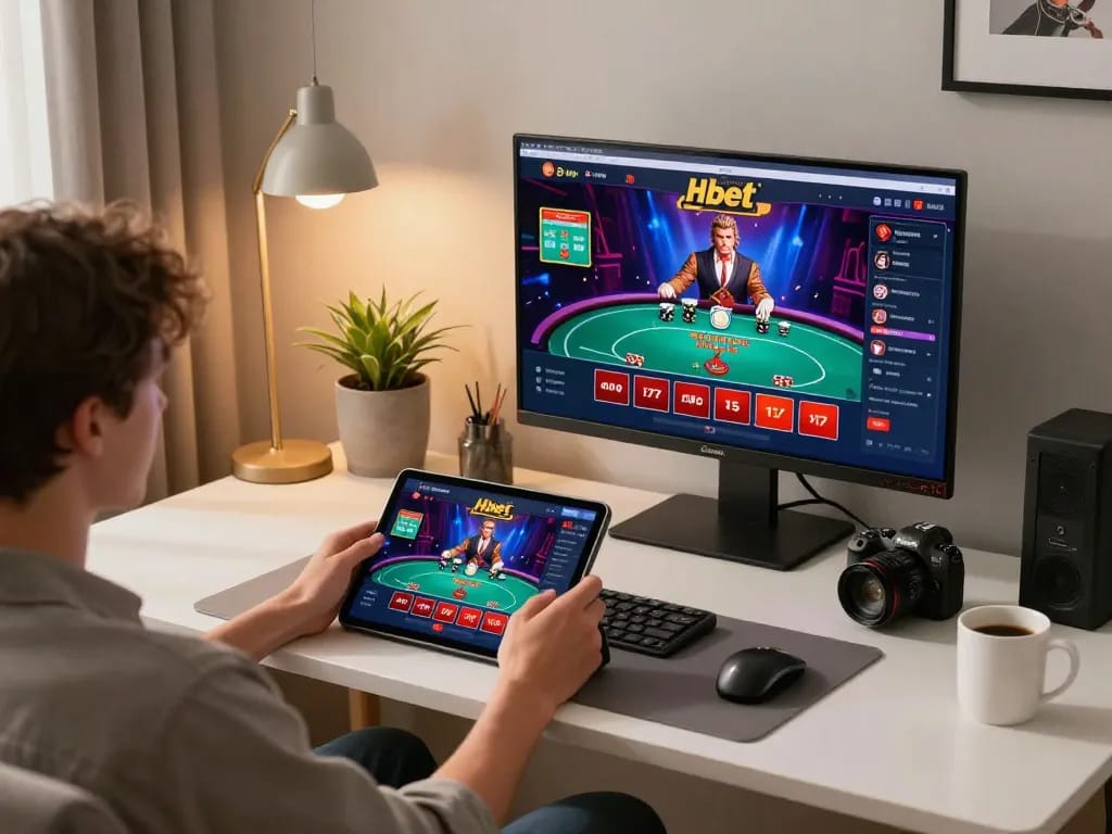 Person engages with Hbet gaming on a tablet, enjoying a comfortable online casino experience.