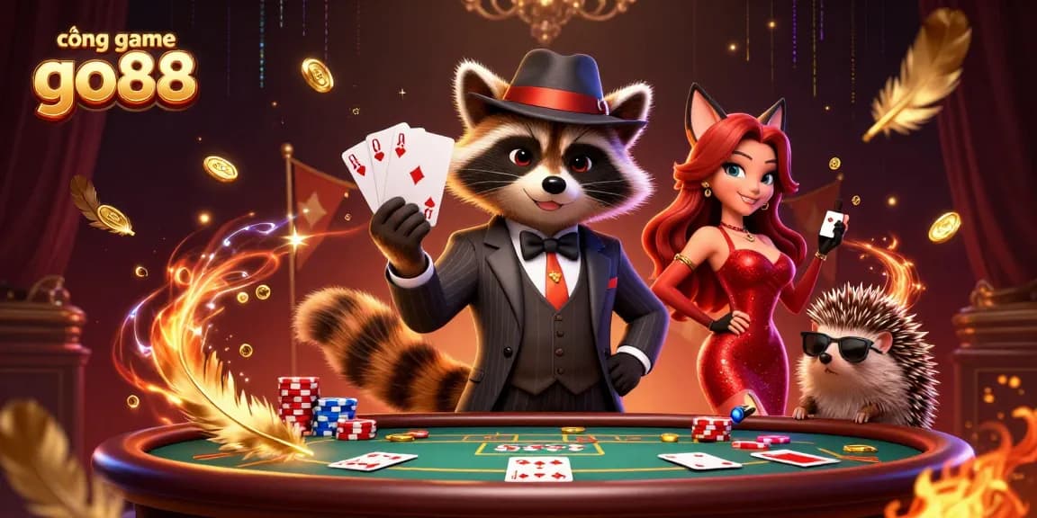 Engage with cổng game go88 featuring a raccoon, fox, and hedgehog in vibrant casino scene.