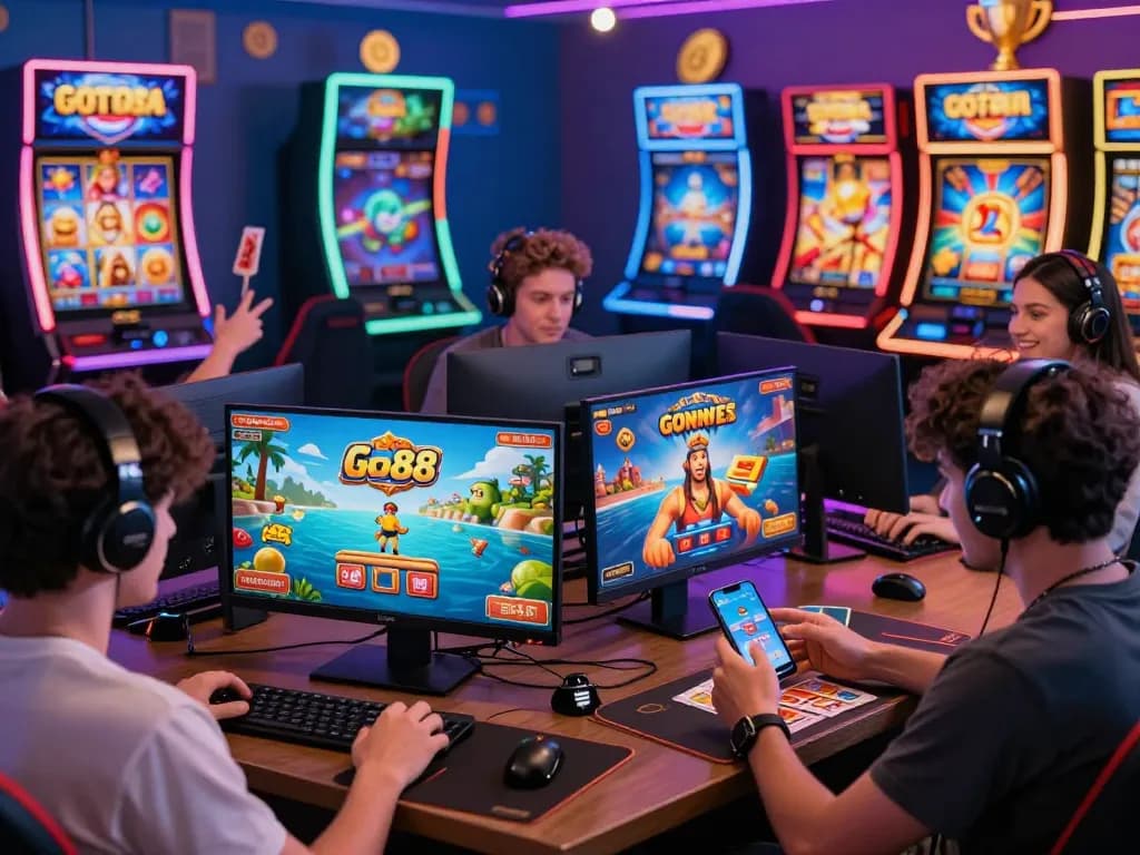 Cổng game Go88 players enjoying diverse online games on desktop and smartphones in an energetic and colorful digital environment.