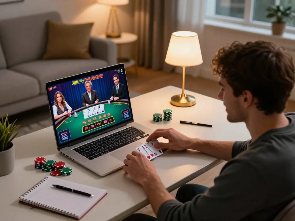 Player enjoying an exciting blackjack game at home using FLY88, engaged in strategic online gambling.