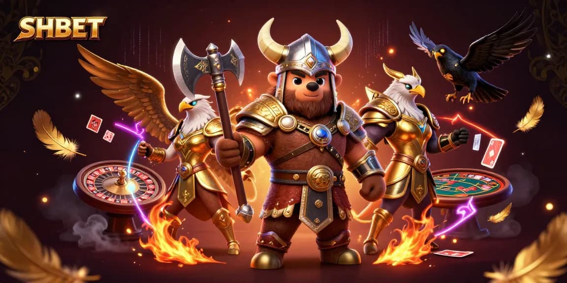 Engage with SHBET in this vibrant casino scene featuring a Viking, Valkyrie, and gameplay elements.