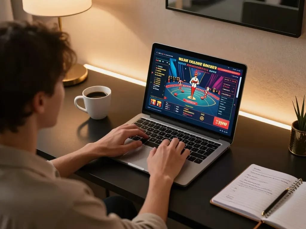 Engaged player using com for strategic online table gaming at home