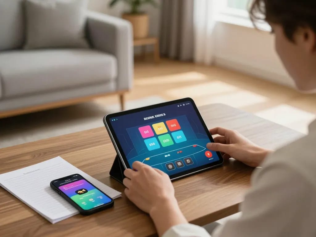 Player enjoying vin88lk mobile casino experience at home with strategic notes and tablet displays.