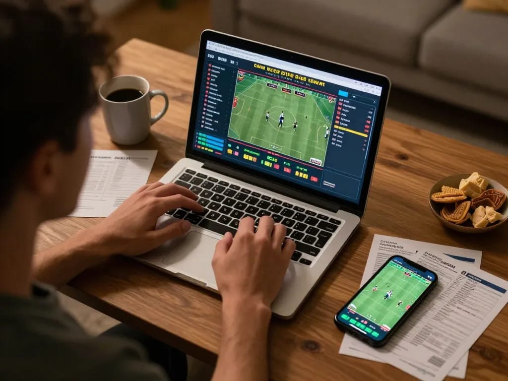 Engaging sports betting at home with keonhacai odds displayed on laptop and smartphone, showcasing strategic gameplay.