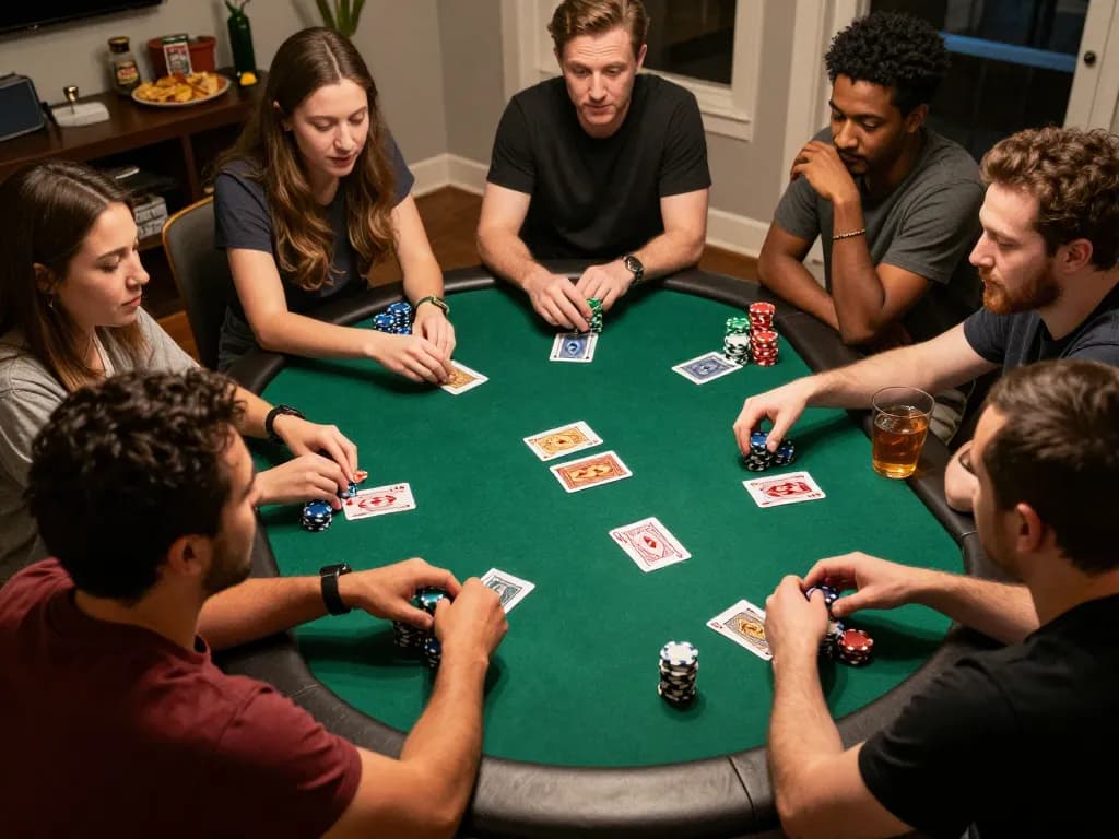 Friends enjoying a competitive poker game night at home, showcasing Net88 gaming strategies and social fun