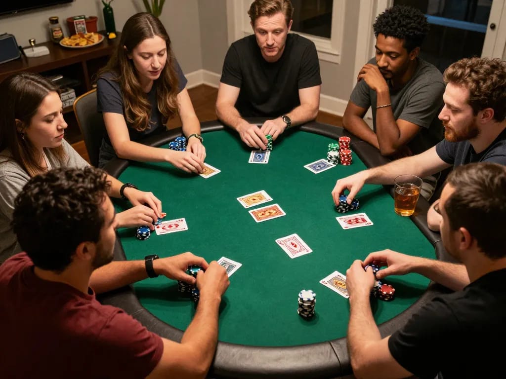 Friends enjoying a competitive poker game night at home, showcasing Net88 gaming strategies and social fun