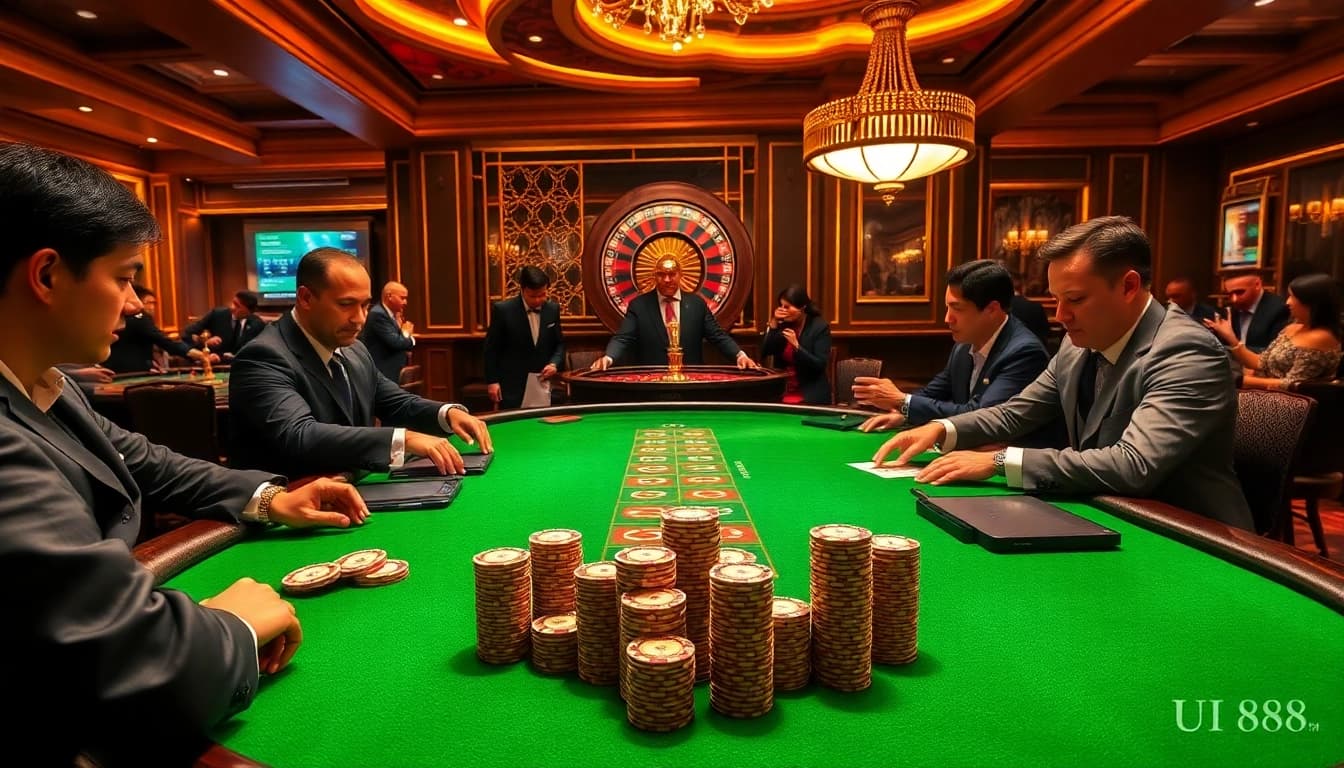 Players engaged in intense poker action at UU 88's luxurious casino table.