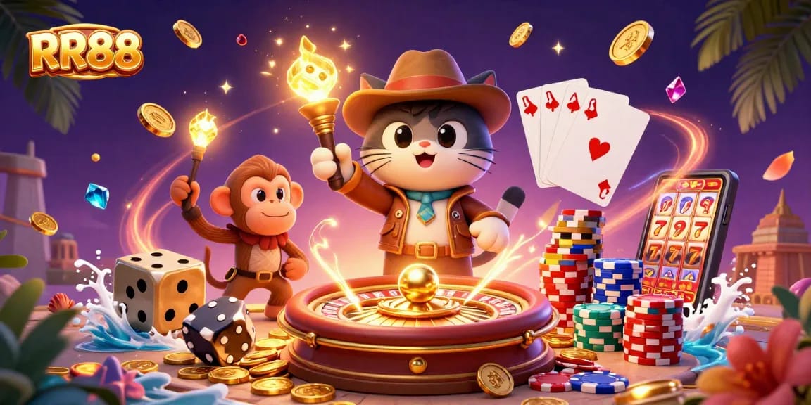 RR88 players winning big with golden artifacts, festive atmosphere, and dynamic casino elements.