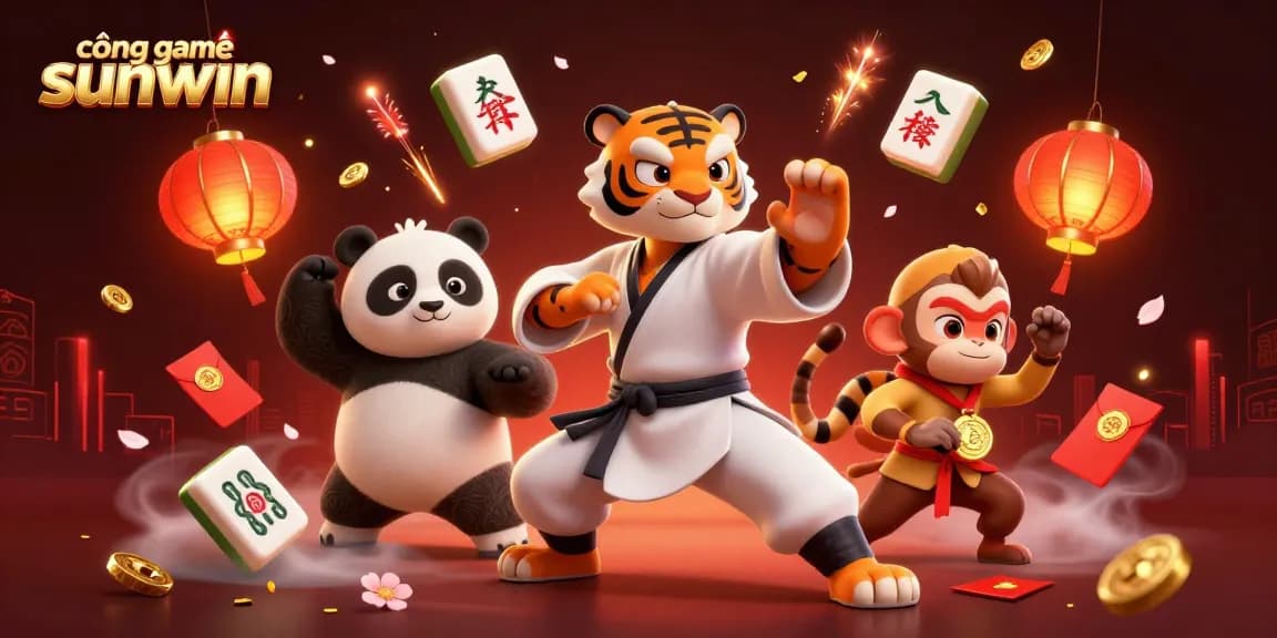 Experience cổng game sunwin with an engaging scene of a kung fu tiger master and joyful elements, emphasizing vibrant gameplay.