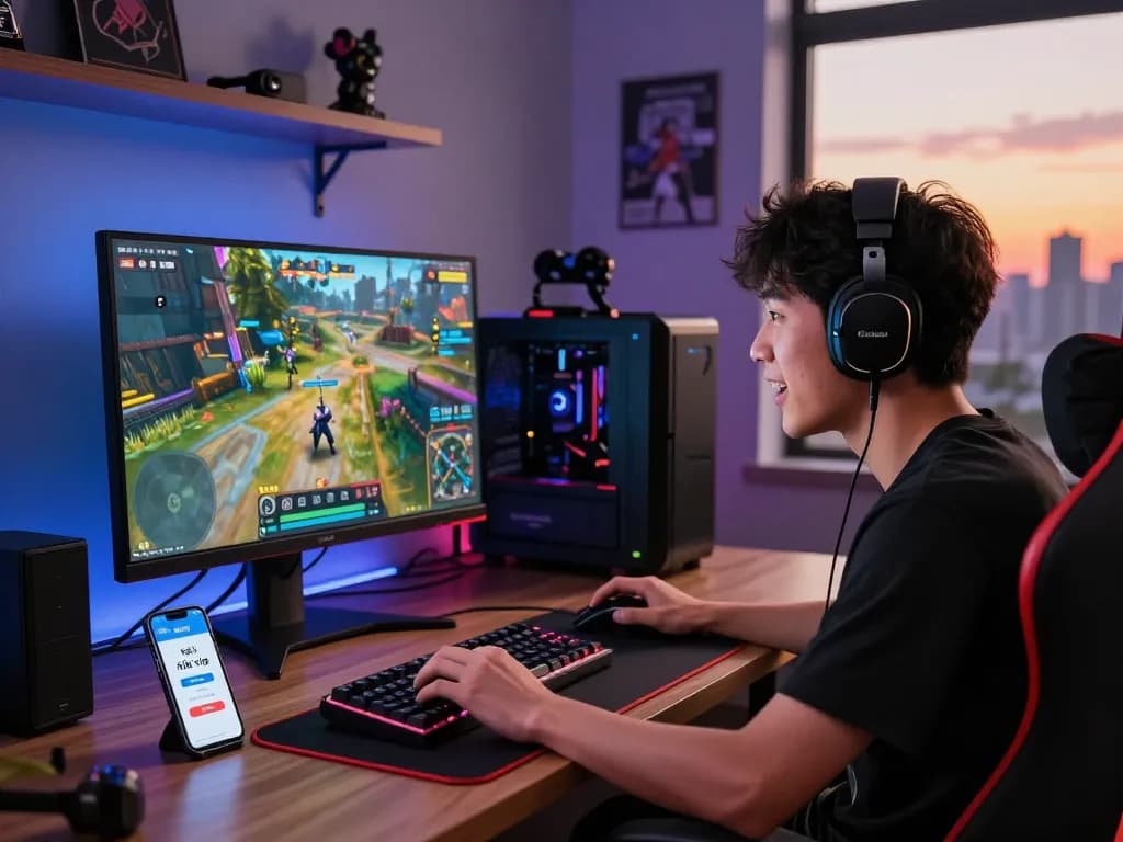 Immersive gaming experience showing a player downloading the tải rik vip app on a smartphone amidst vibrant game graphics.