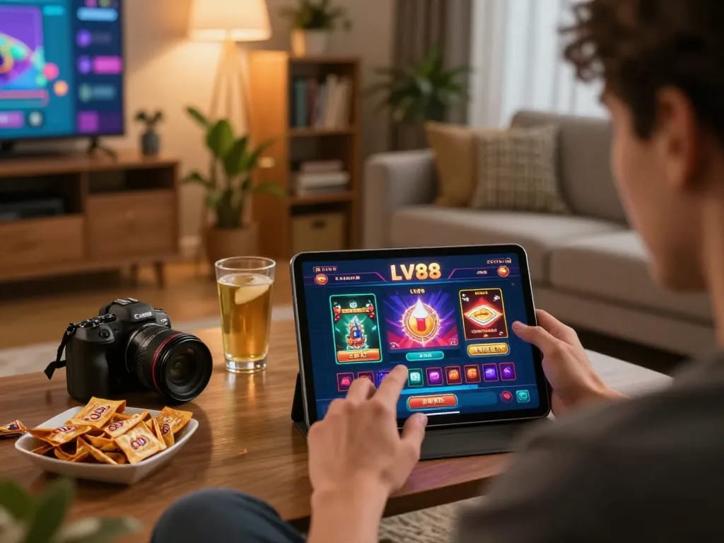 Engaging in online gaming at LV88 with tablet showcasing vibrant casino interface in cozy setup.