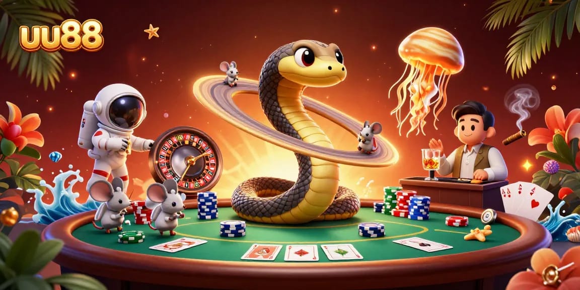 Engage in exhilarating bets with uu88 on a cosmic roulette scene adorned with colorful poker elements.