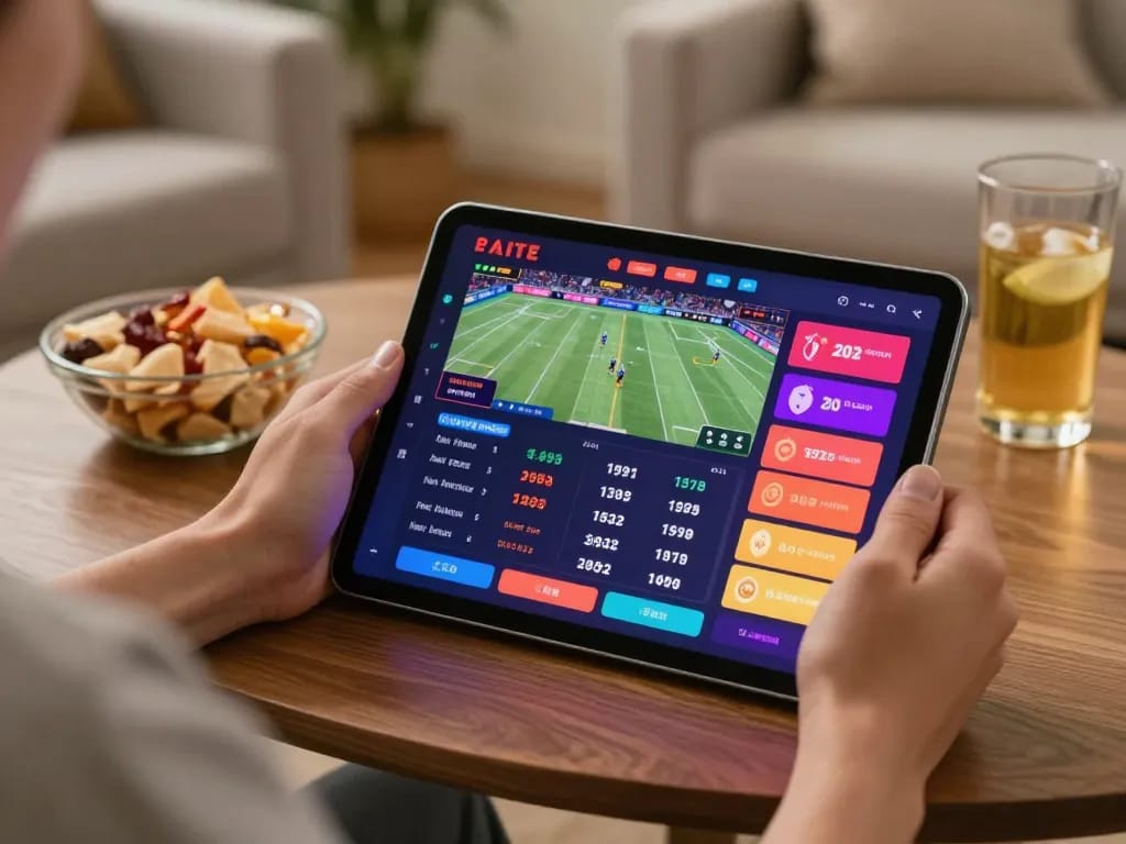 SHBET user placing strategic bets on sports event using mobile device in a cozy home setting