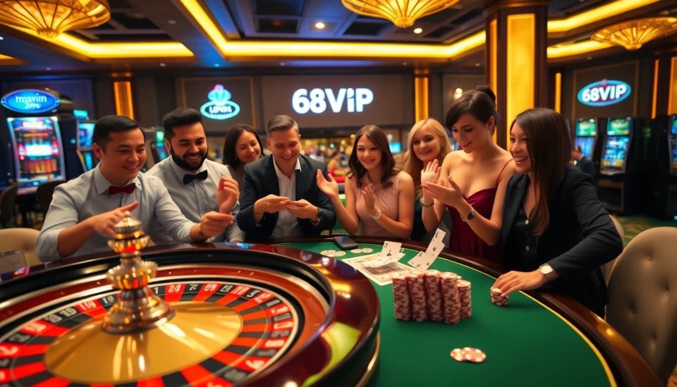 Players enjoying their luck at 68VIP casino with vibrant roulette wheel and poker action.