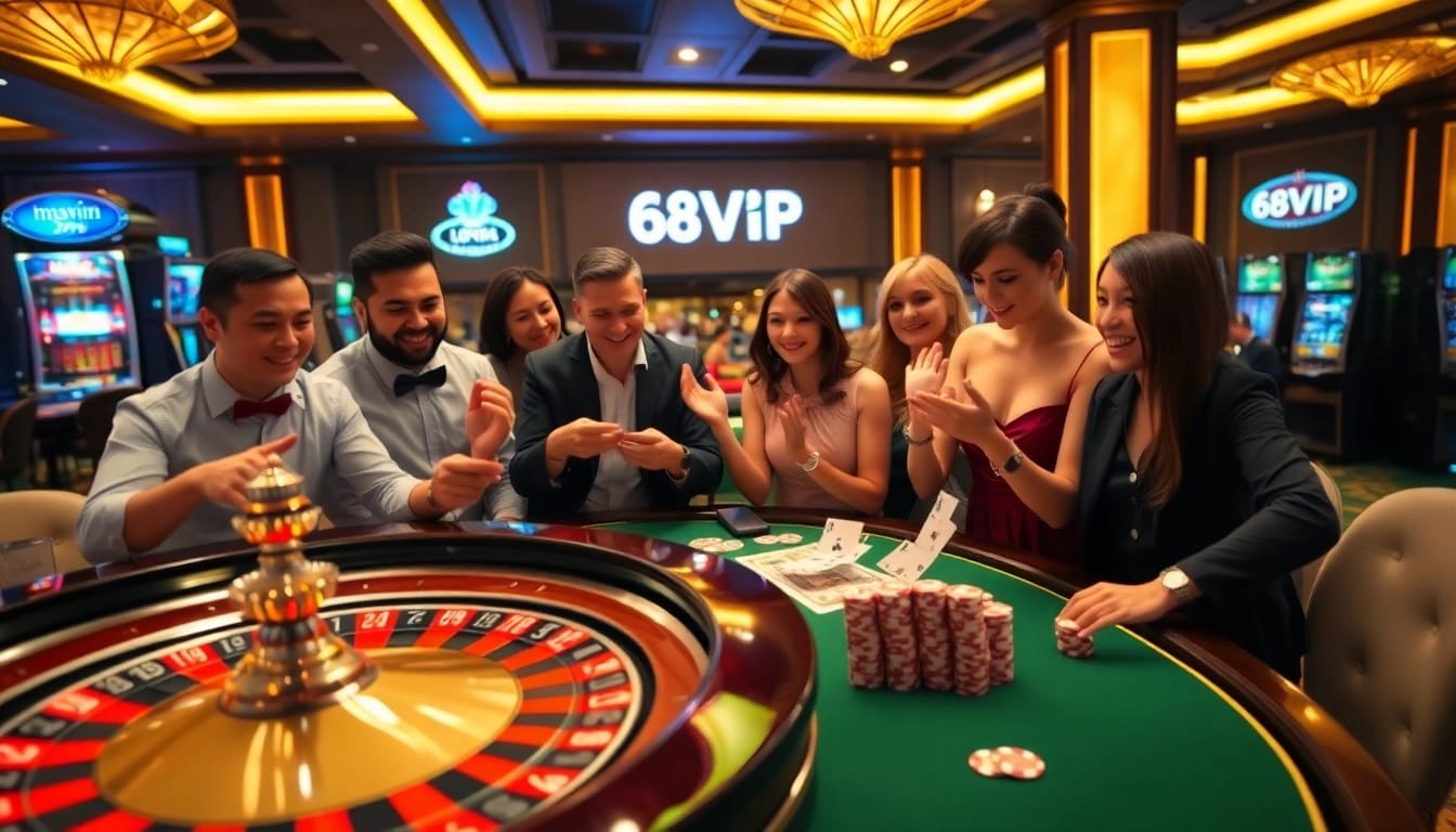 Players enjoying their luck at 68VIP casino with vibrant roulette wheel and poker action.