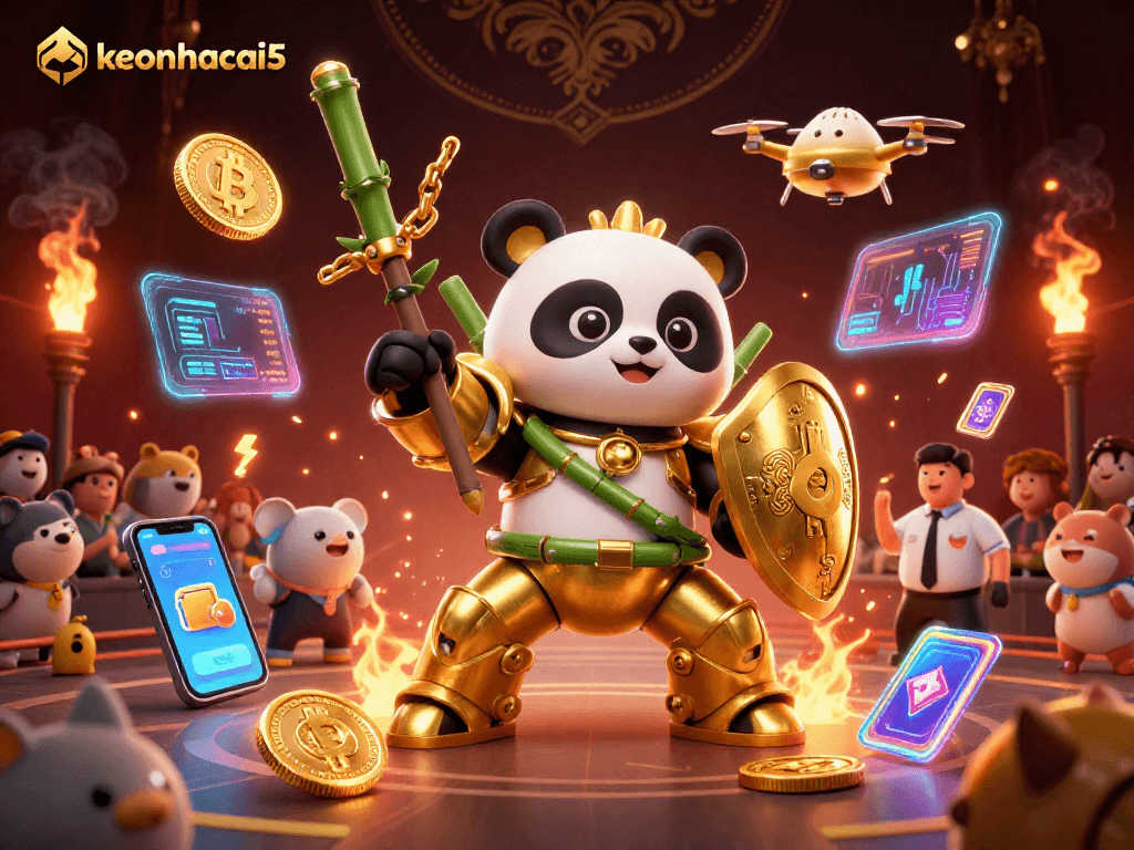 Experience the excitement of keonhacai5 with a vibrant 3D casino battle scene featuring unique characters.