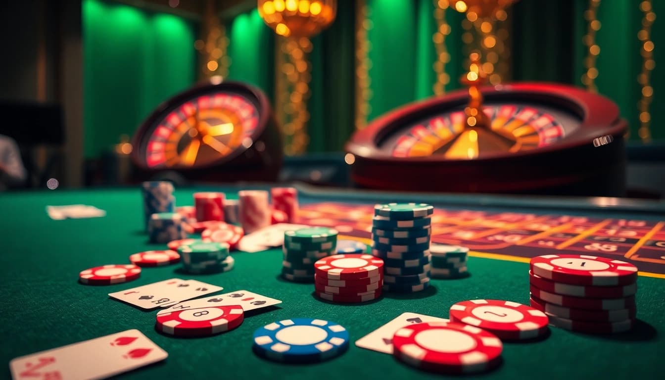 Experience the excitement of gambling with 7mcn, featuring vibrant poker chips and roulette wheels.