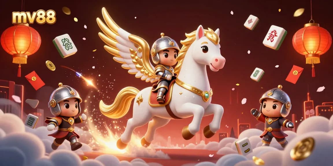 Experience the thrill of mv88 with this vibrant 3D illustration of a celestial horse and knight in a casino-themed scene.