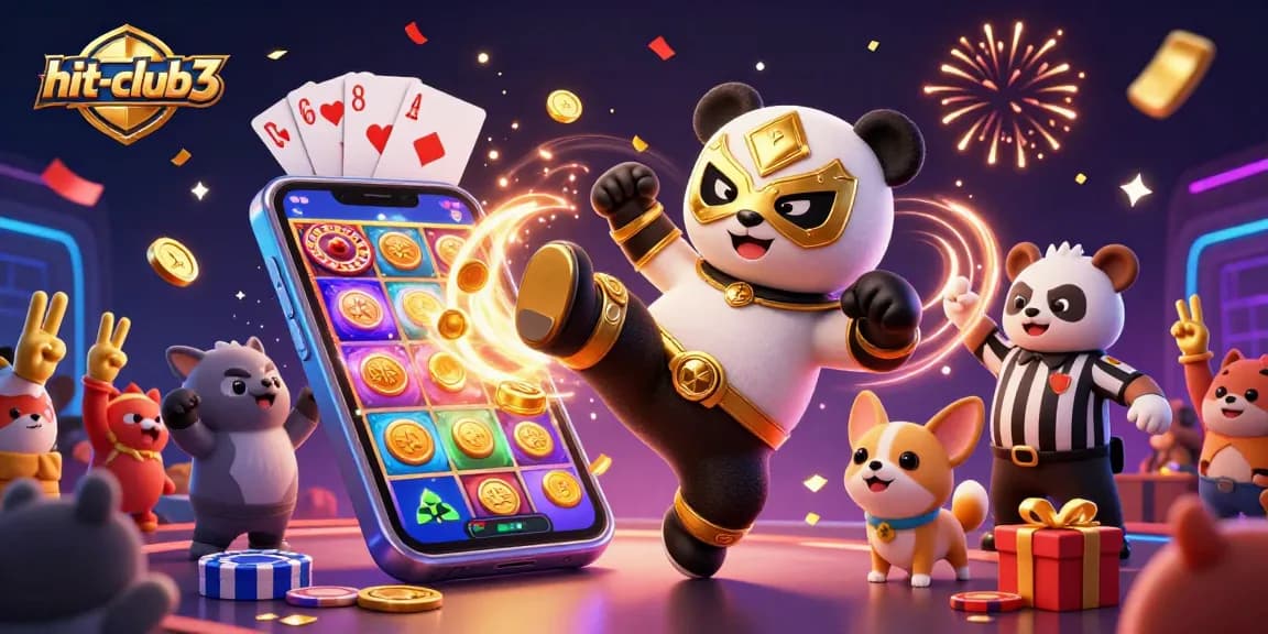 hit-club3 showcases a dynamic 3D scene of a panda wrestler, slot games, and celebrating audience.