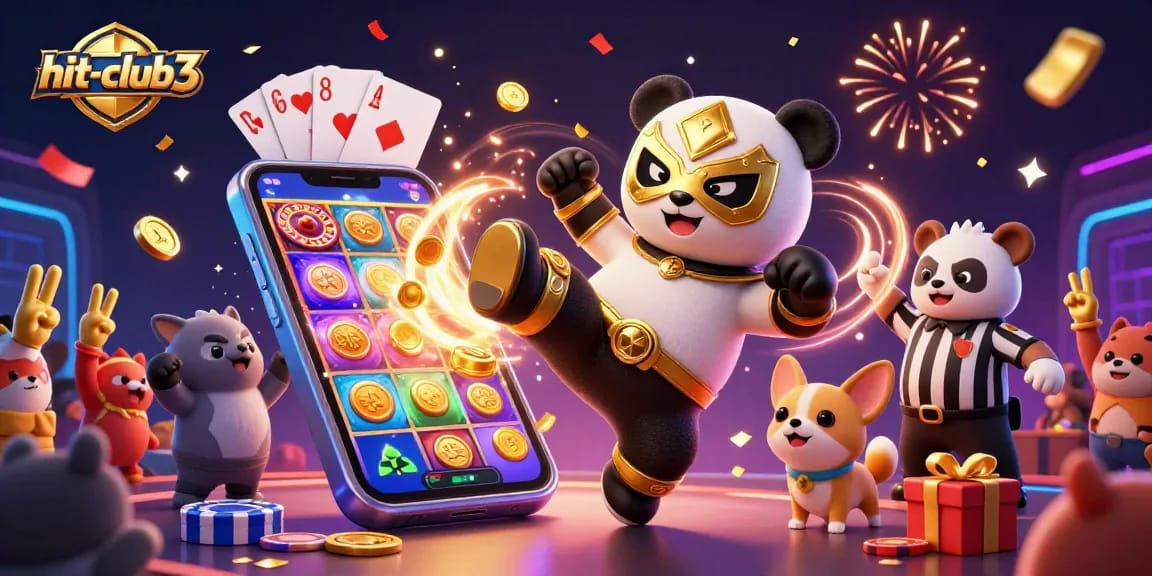 hit-club3 showcases a dynamic 3D scene of a panda wrestler, slot games, and celebrating audience.