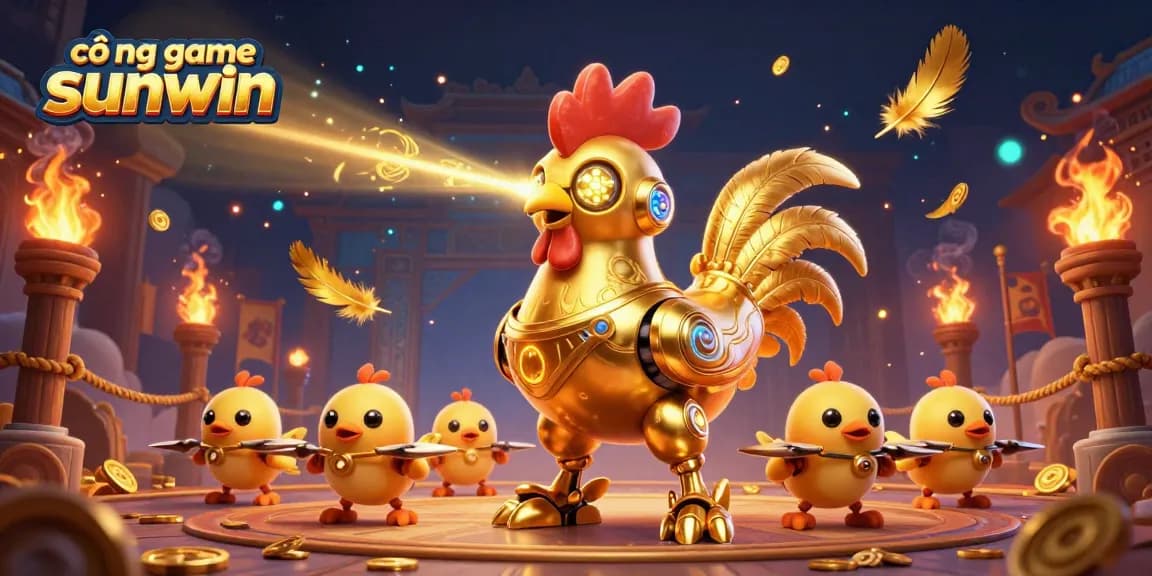 Engage with cổng game sunwin's adventures featuring a golden rooster robot and baby chick drones, immersed in a dynamic gambling scene.
