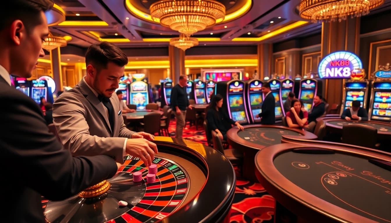 Engaging with NK88 poker chips at a luxurious casino, showcasing excitement and vibrant gaming.