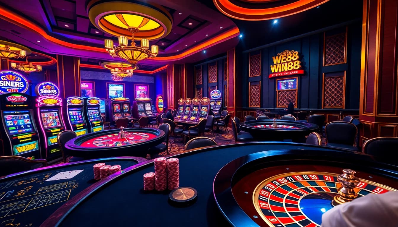 Experience the thrill of WE88 with vibrant casino tables and colorful slot machines.