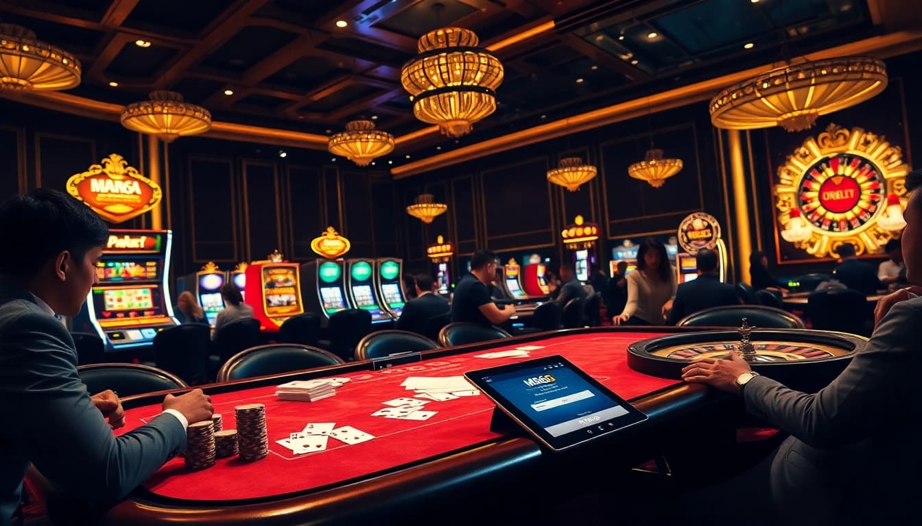 Exciting casino gaming scene emphasizing MB66 đăng nhập with poker chips and roulette wheels.