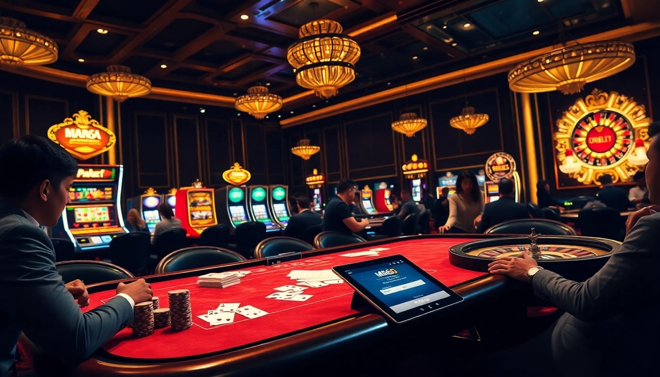 Exciting casino gaming scene emphasizing MB66 đăng nhập with poker chips and roulette wheels.