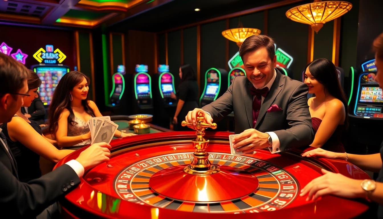 An exciting moment at the 22jl club casino with players at a roulette table enjoying their gaming experience.