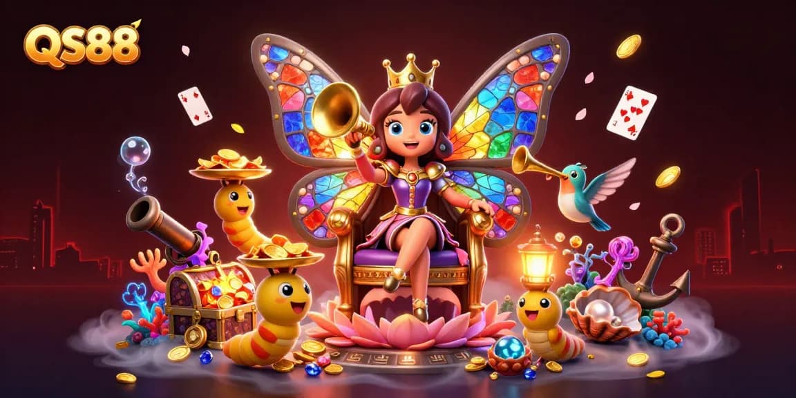 Experience the thrilling world of QS88 online casino with a vibrant 3D illustration showcasing a shimmering butterfly queen and game elements.