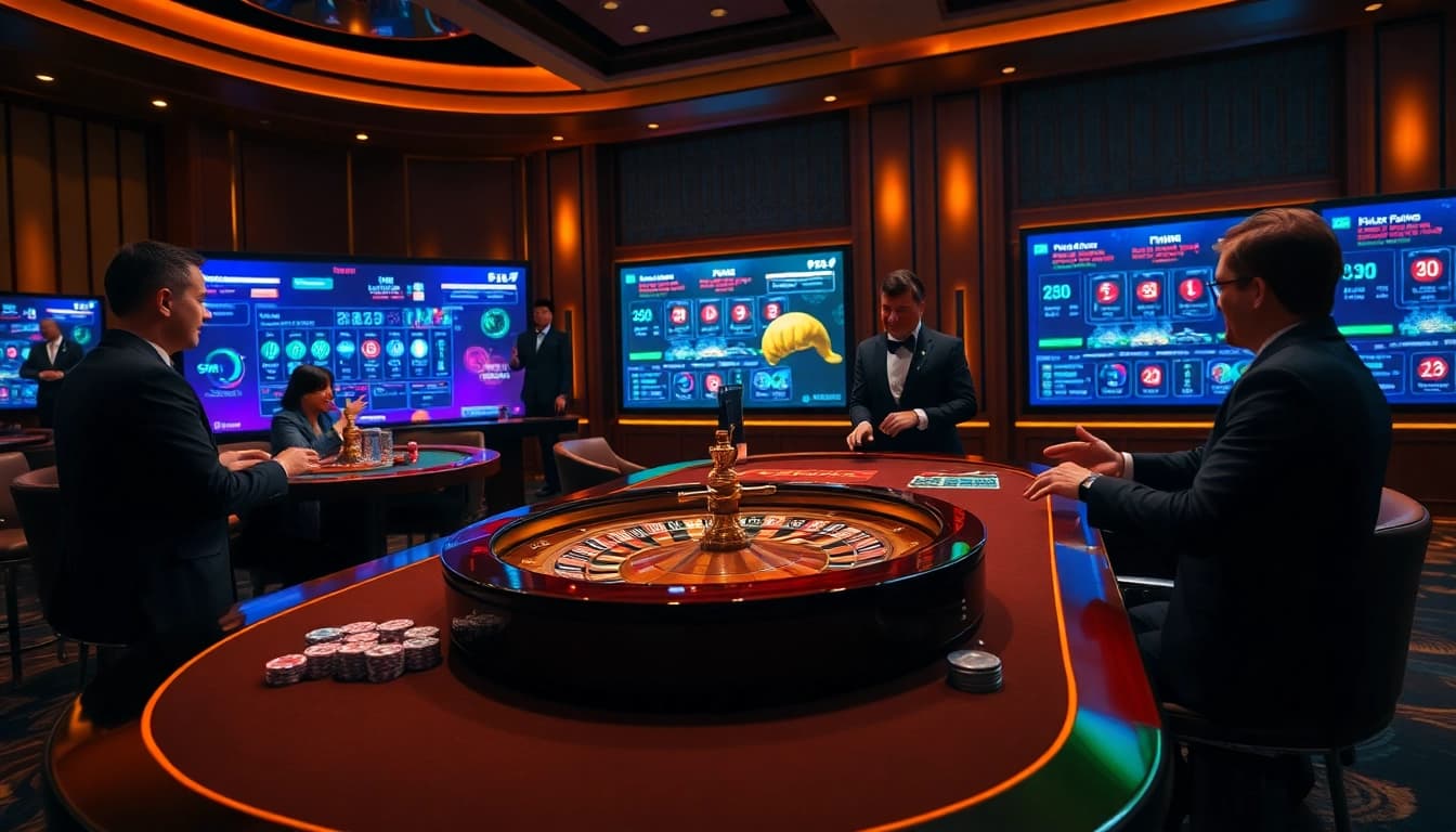 Experience the excitement of FA88 with poker chips and a roulette wheel in a lively casino setting.